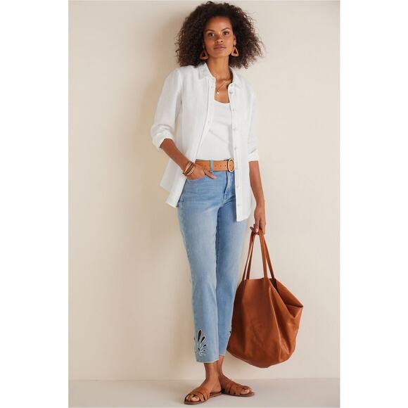 Soft Surroundings Catalina‎ Jeans Crop Laser Cut Out Light Wash Raw Hem 2 - Picture 1 of 14